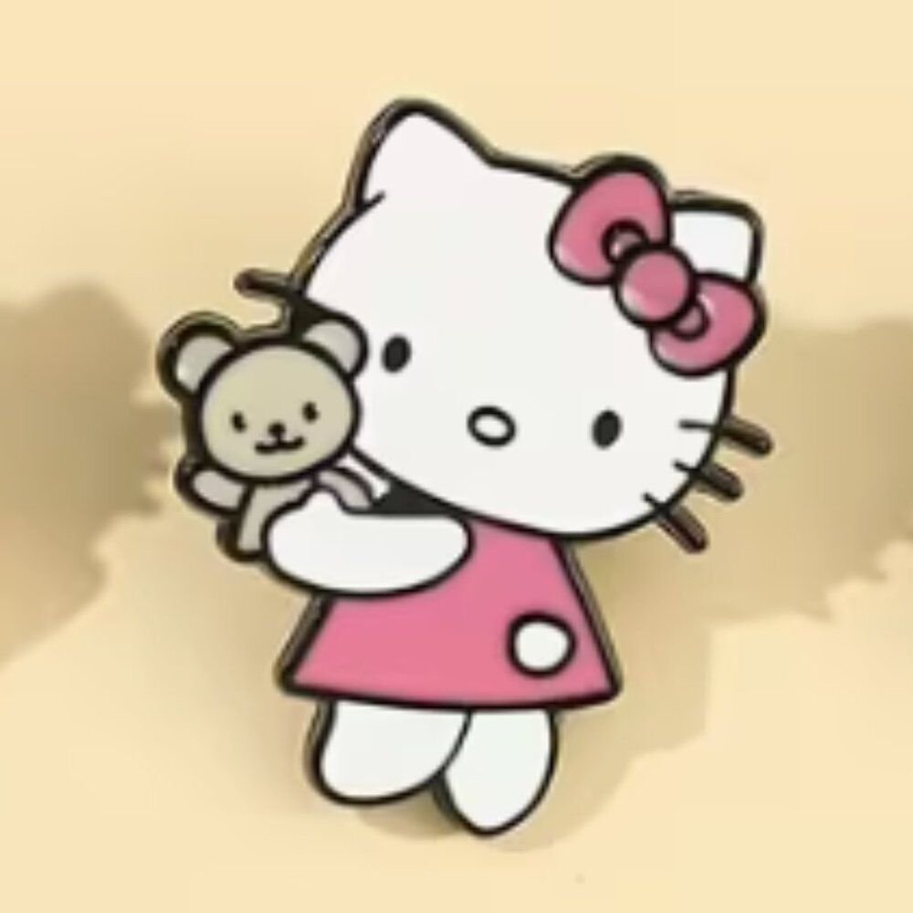 Hello Kitty & Teddy Bear Enamel Lapel Pin | Red Dress Red Bow | Kawaii Cartoon
